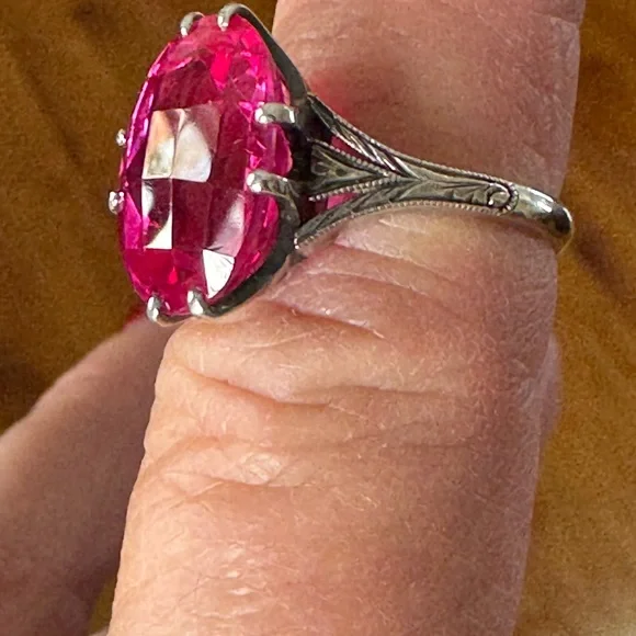 Art Deco 8 Carat Pink Sapphire Sterling Checkerboard Cut Ring - Picture 7 of 13